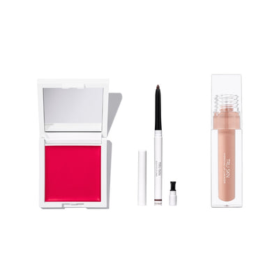 TRU SKN The Staples Edit set of three full-size products: one Blush (Cream or Powder), one Sculpted Lip Liner, and one Lip Gloss (Sheer Glow or Soft Silk). The set creates defined lips and fresh, effortless cheeks.