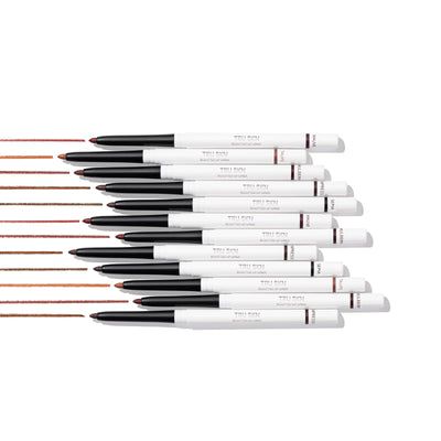 Four TRU SKN Sculpted Lip Liner pencils placed to showcase their shades: Expresso, Sepia, Mulberry, and Mauve. The image highlights the soft-matte color and precision tips.